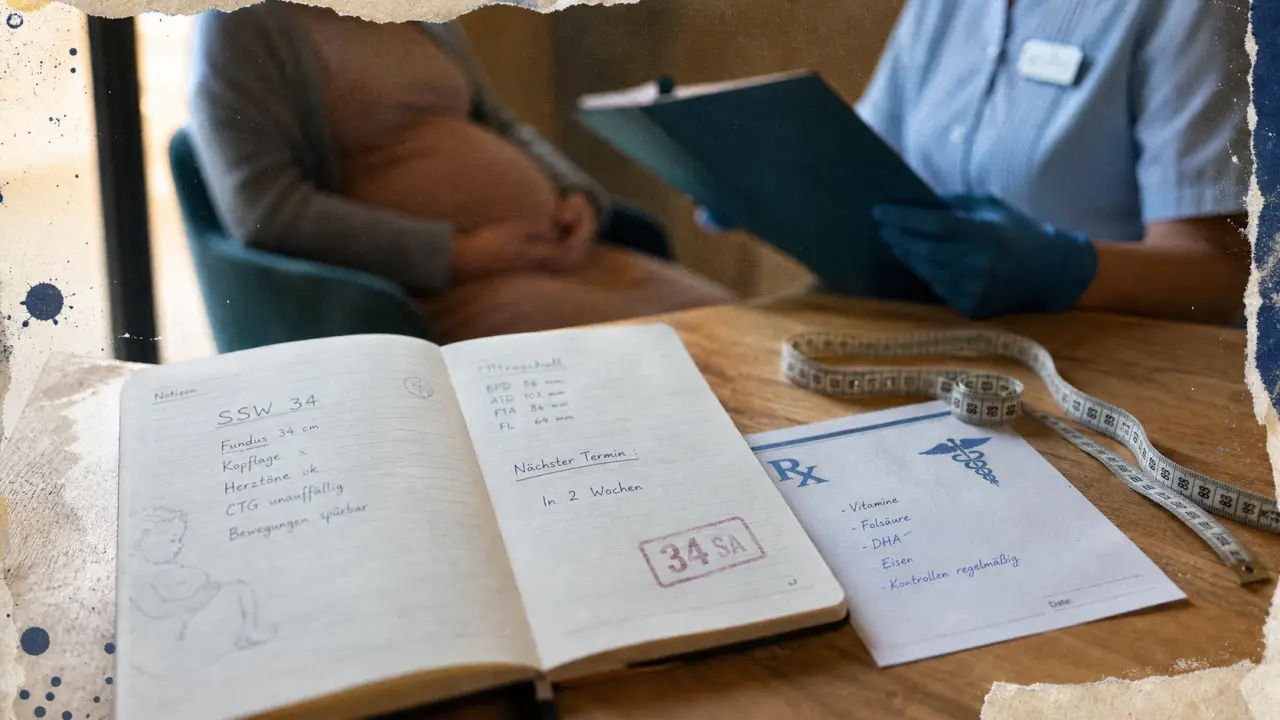 34 semaines de grossesse : carnet et ordonnance sur table médicale