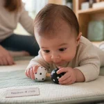 Bébé 4 mois sur tapis d’éveil, saisit un hochet