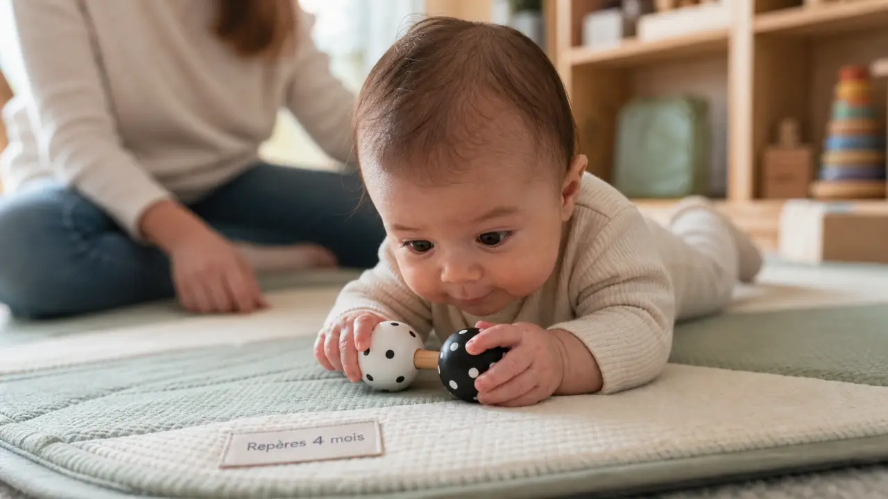 Bébé 4 mois sur tapis d’éveil, saisit un hochet