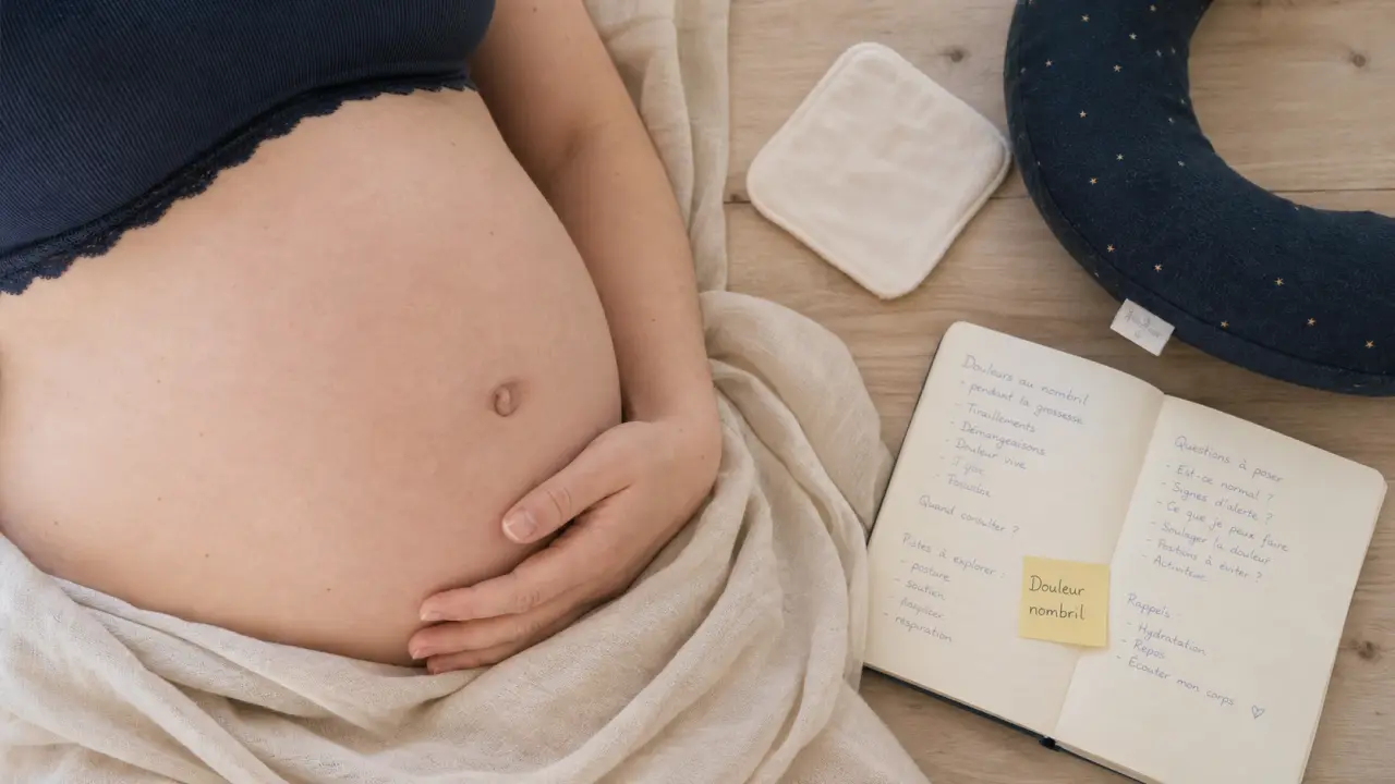 Douleurs nombril enceinte : main sur le nombril, grossesse