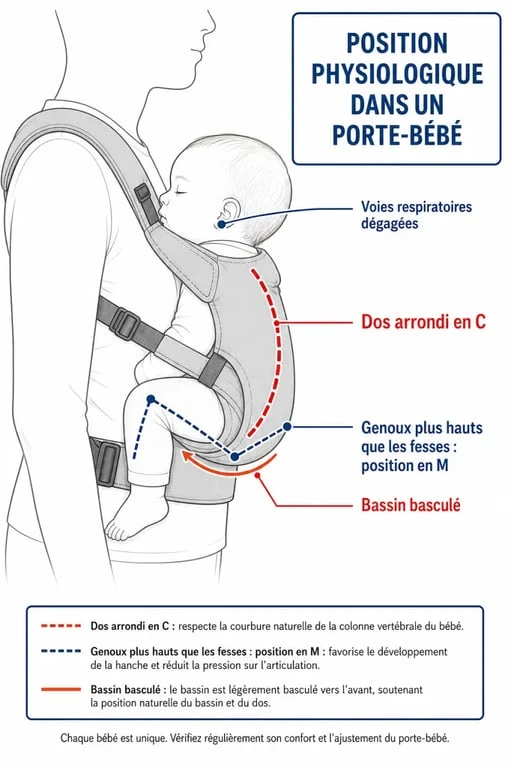 Schéma de la position physiologique en M et C pour bien choisir son porte-bébé