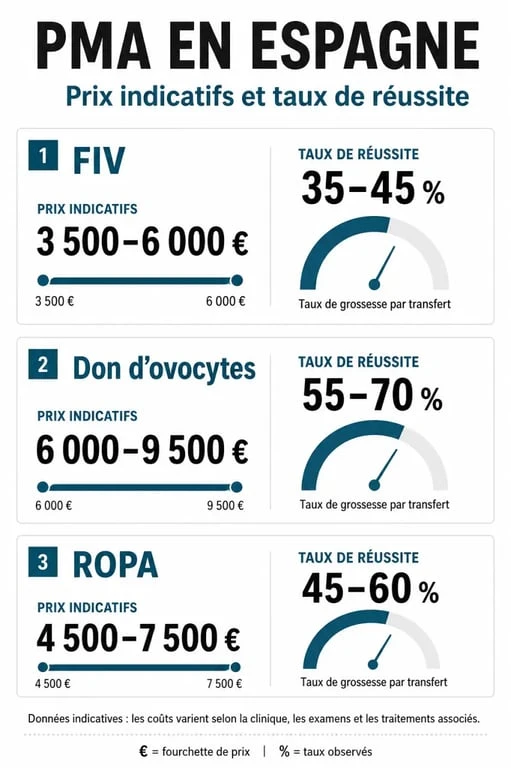 Tableau comparatif des prix et taux de réussite en clinique PMA Espagne pour les traitements FIV et don d'ovocytes.