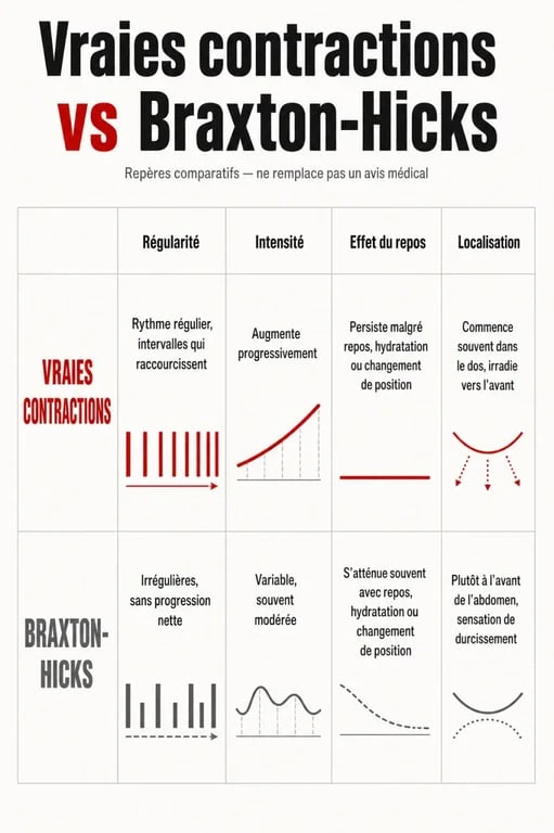 Tableau comparatif entre vraies contractions et contractions de Braxton-Hicks pour savoir si c'est le début du travail