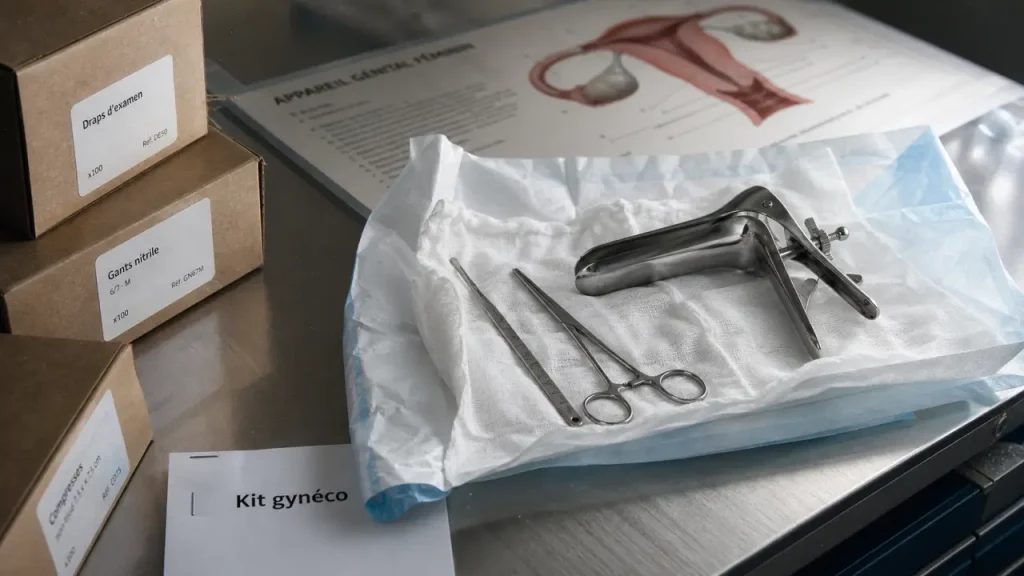 Outil gyneco : spéculum, hystéromètre et pince de Pozzi sur kit stérile
