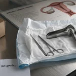 Outil gyneco : spéculum, hystéromètre et pince de Pozzi sur kit stérile