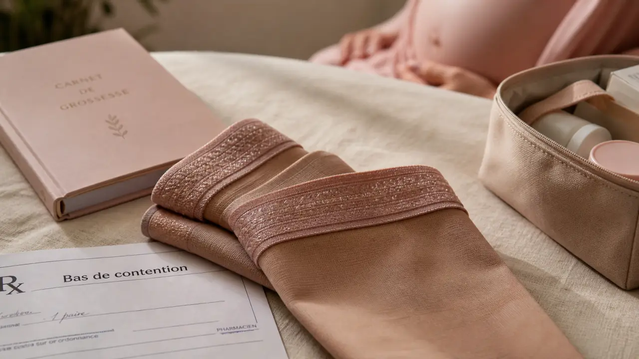 Bas de contention grossesse : bas de compression, ordonnance et boîte de pharmacie