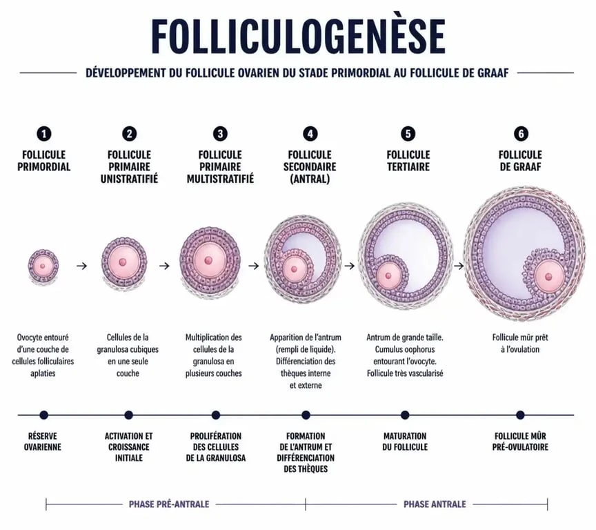 Schéma des étapes de développement d'un follicule ovarien