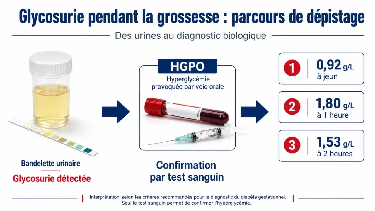 Glycosurie grossesse : schéma de lecture des seuils urinaires et confirmation par HGPO