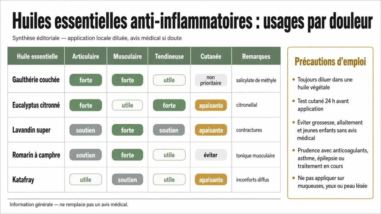 Huiles essentielles anti inflammatoire : tableau comparatif des huiles adaptées aux douleurs articulaires, musculaires et cutanées