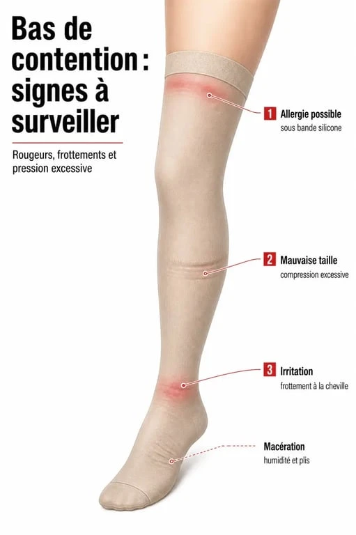 Allergie bas de contention : schéma des zones de rougeur, frottement et mauvaise taille