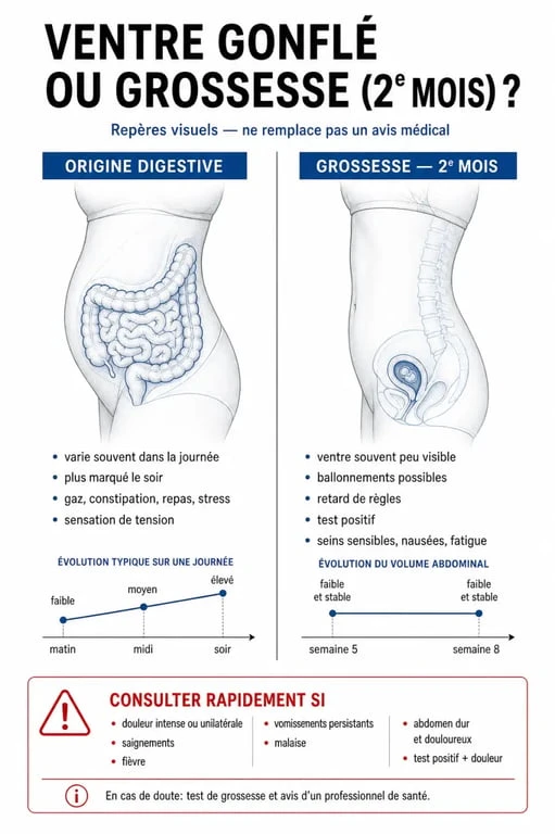 Ventre d'une femme enceinte de 2 mois : différence entre ballonnements et ventre de grossesse