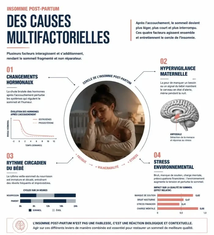 Infographie sur les causes de l'insomnie post-partum chez la jeune mère