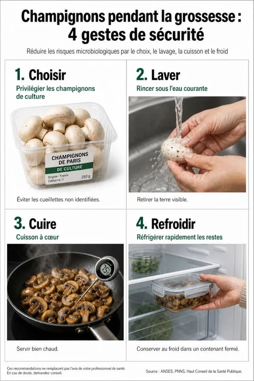 Champignon femme enceinte : gestes sûrs pour laver, cuire et conserver les champignons pendant la grossesse