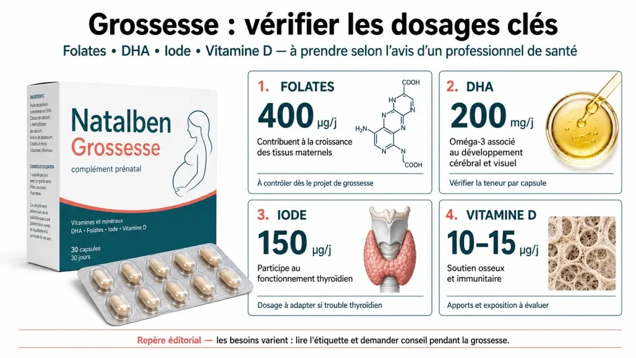 Natalben Grossesse : schéma éditorial des folates, DHA, iode et vitamine D pendant la grossesse