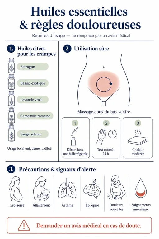 Infographie sur les huiles essentielles et règles douloureuses : choix, usage sûr et précautions