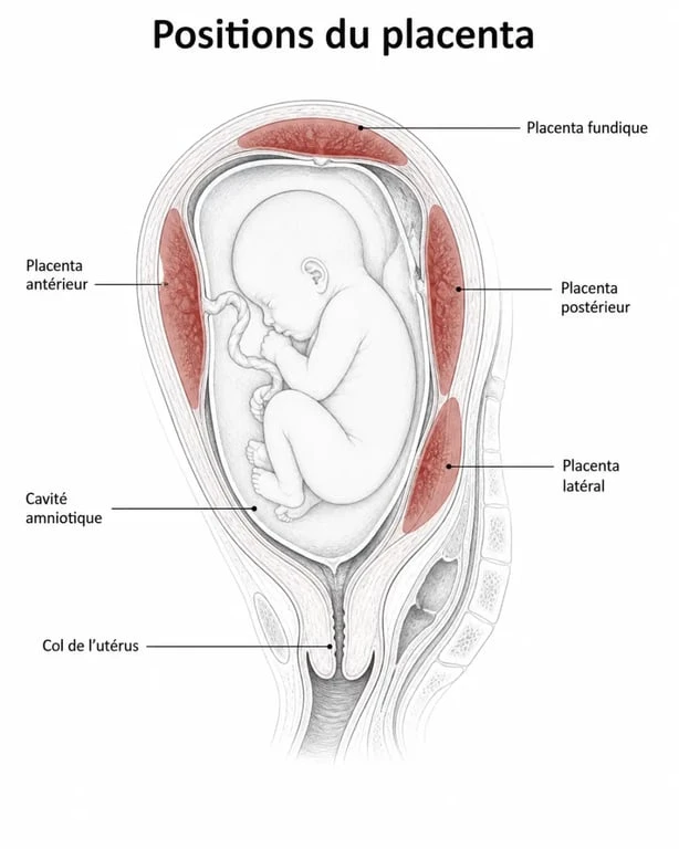 Placenta echographie : schéma des localisations antérieure, postérieure, fundique et latérale dans l’utérus