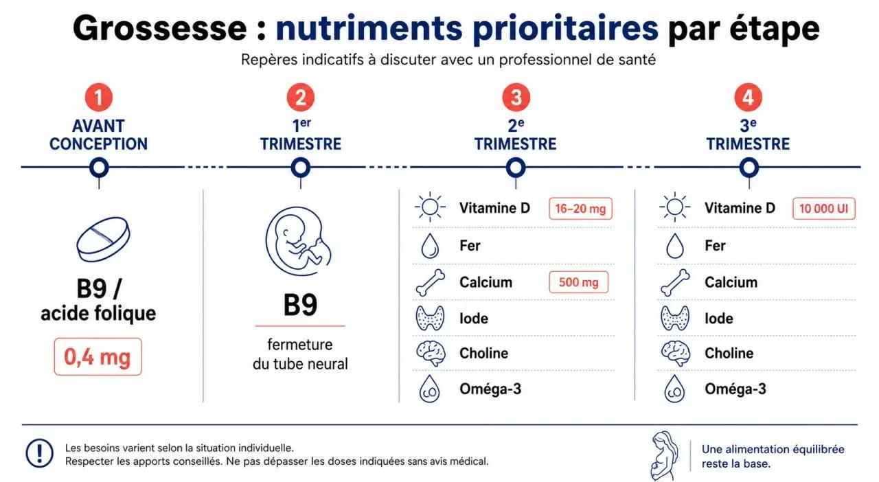 Grossesse vitamine : frise visuelle des nutriments prioritaires, des doses repères et des points de vigilance
