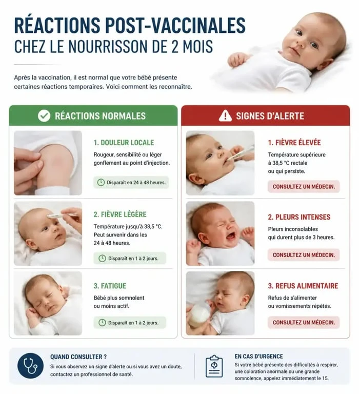 Infographie des réactions post-vaccinales chez le bébé de 2 mois et signes d'alerte après le vaccin
