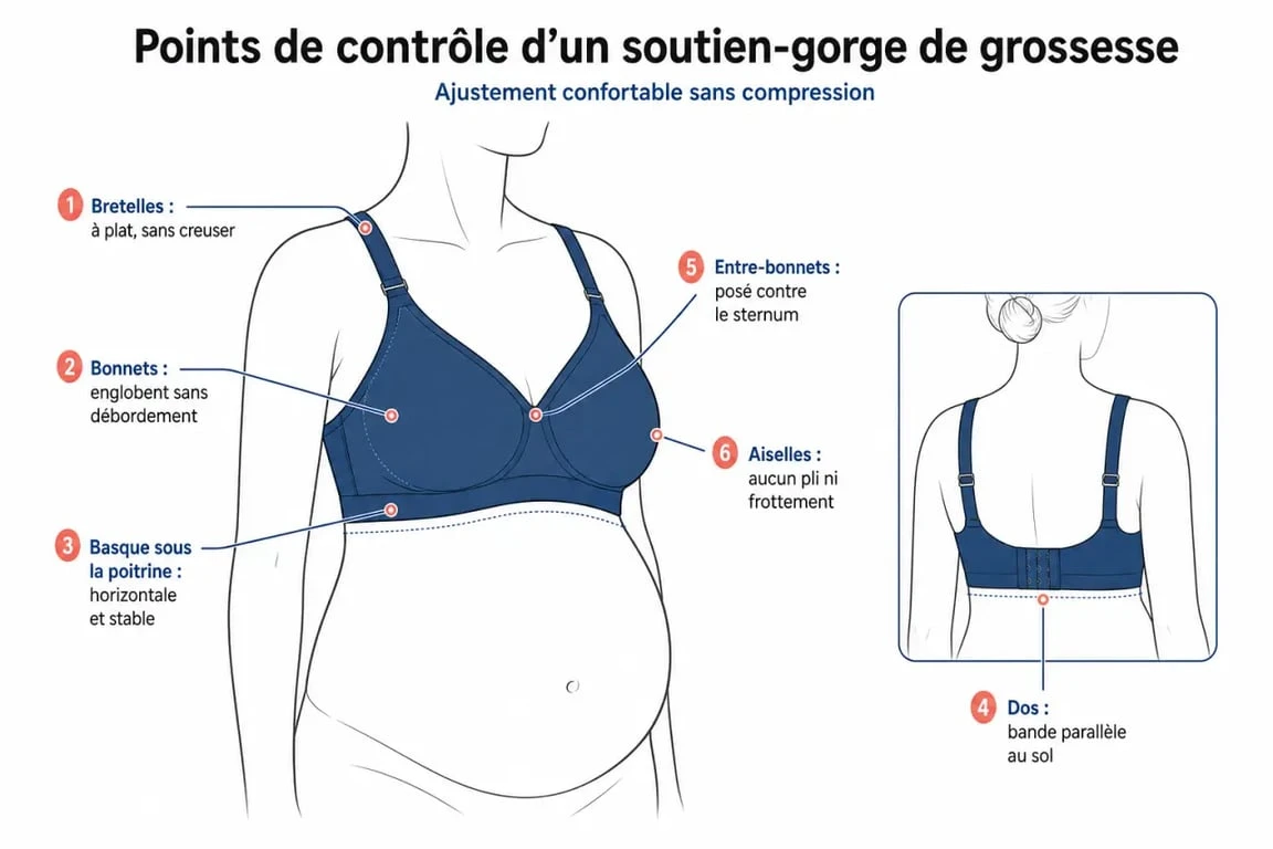 Schéma des points de contrôle pour bien ajuster son soutien-gorge grossesse.