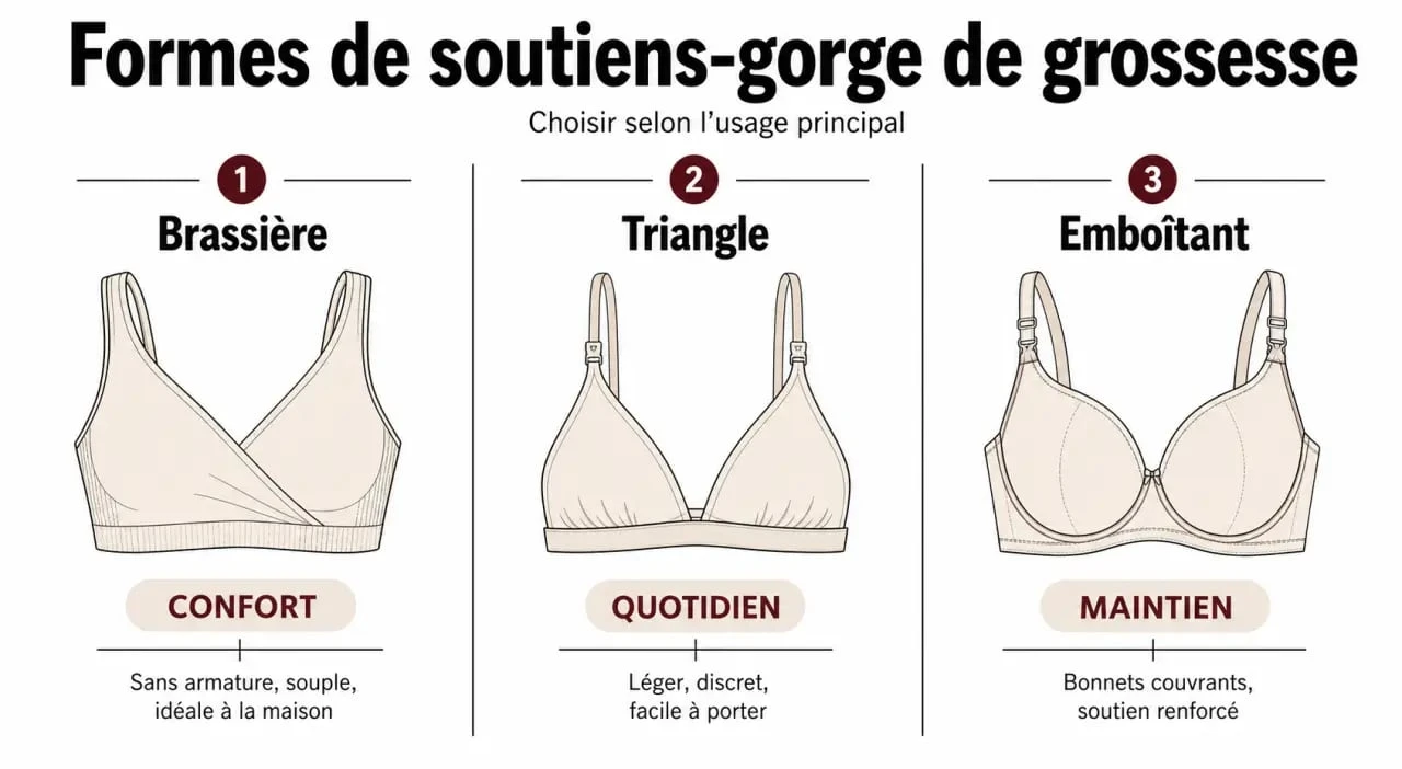 Infographie comparative des formes de soutien-gorge grossesse pour choisir le modèle adapté.