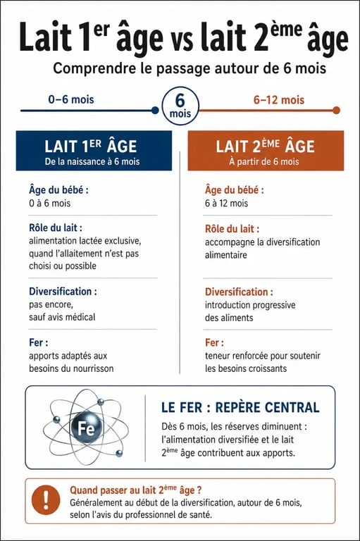 Différence lait 1er et 2eme age : infographie comparative sur l’âge, le fer et le moment du passage