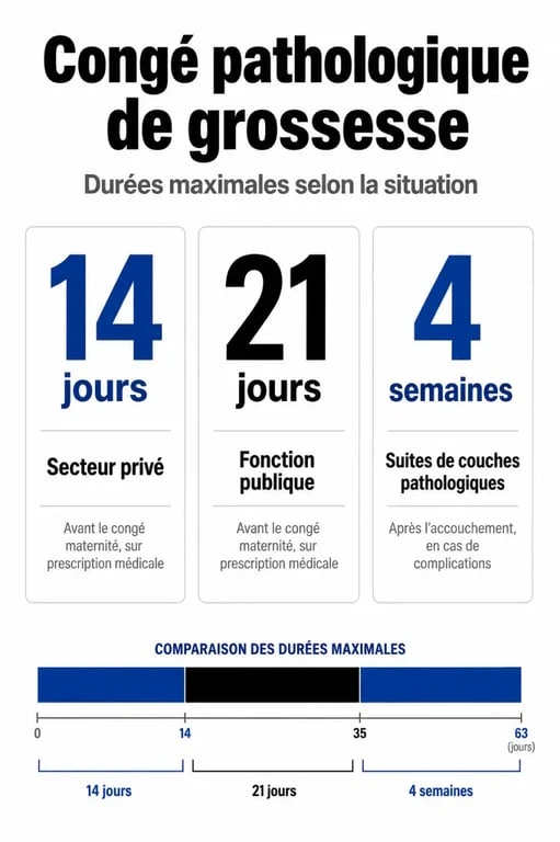 Tableau comparatif des durées de congés grossesse pathologique selon le statut et le moment de la grossesse.