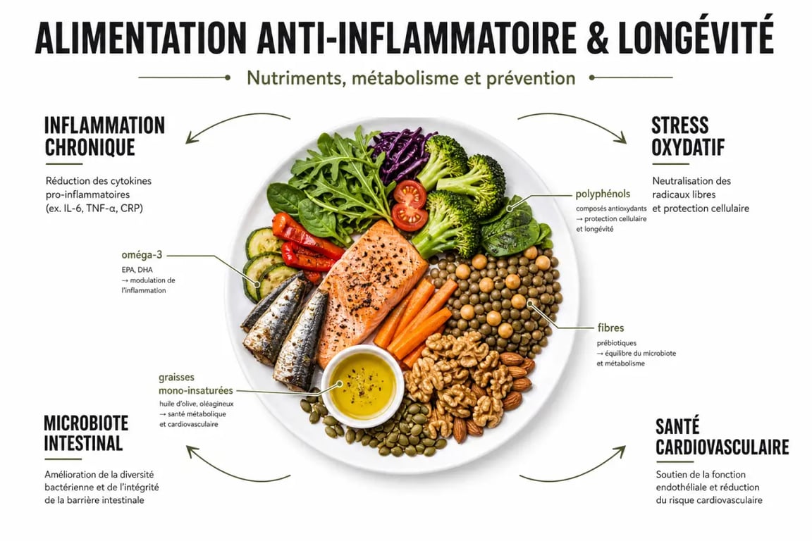 Comment l’alimentation anti-inflammatoire aide à vivre longtemps en bonne santé : schéma des aliments clés et des effets sur l’inflammation chronique