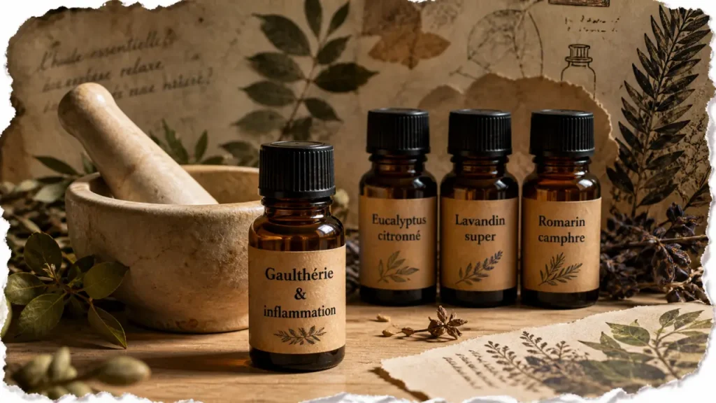 Huiles essentielles anti inflammatoire : Gaulthérie et inflammation, sur table en bois