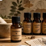 Huiles essentielles anti inflammatoire : Gaulthérie et inflammation, sur table en bois