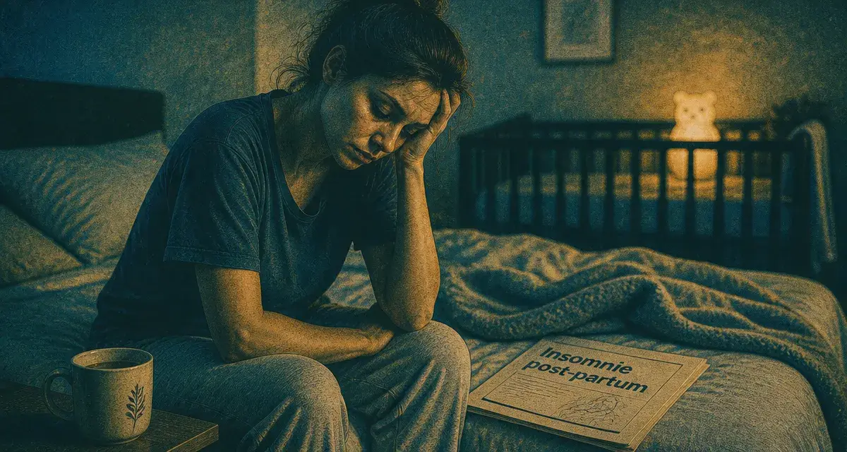 Insomnie post partum : mère épuisée au lit, nuit, sommeil perturbé