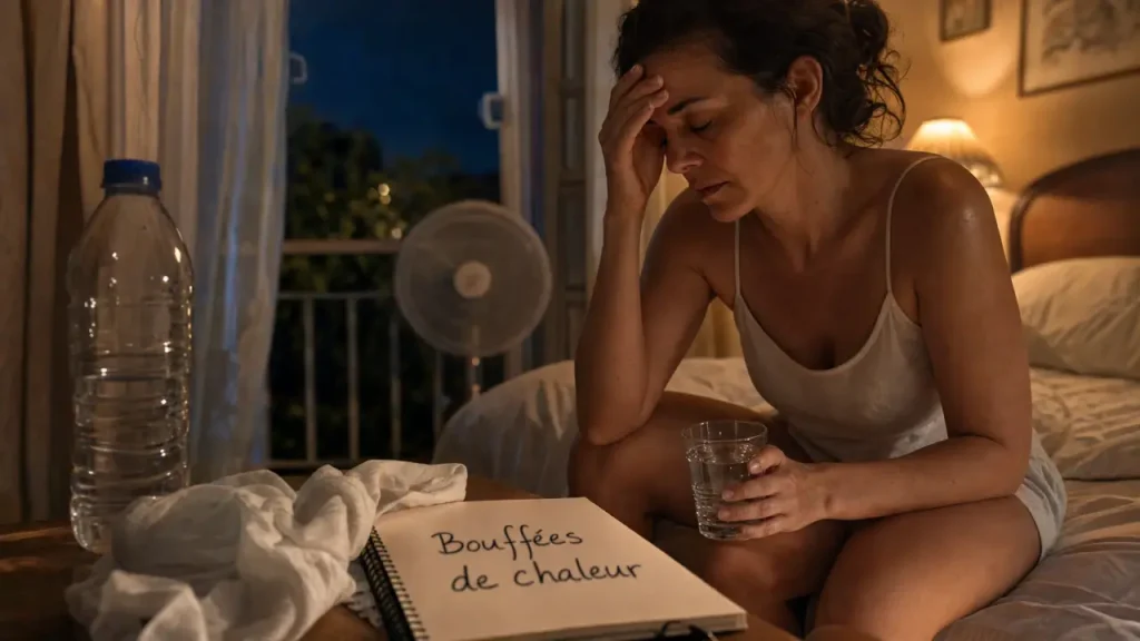 Femme avec nausée, vertige et fatigue, bouffée de chaleur, hormones ou grossesse