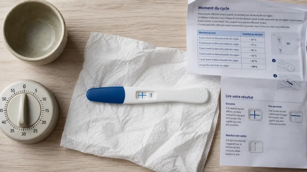 test de grossesse clearblue sur table, moment du cycle