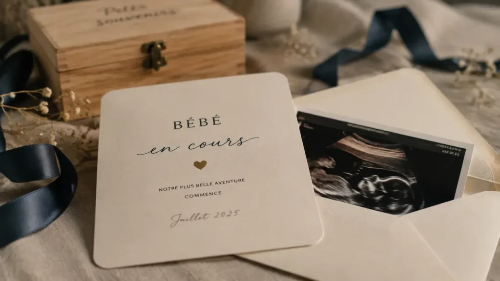 Carte annonce grossesse sur table en lin, échographie visible.