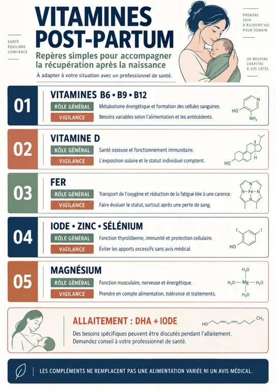 Infographie sur les vitamines post-partum, les nutriments utiles et les précautions avec ou sans allaitement