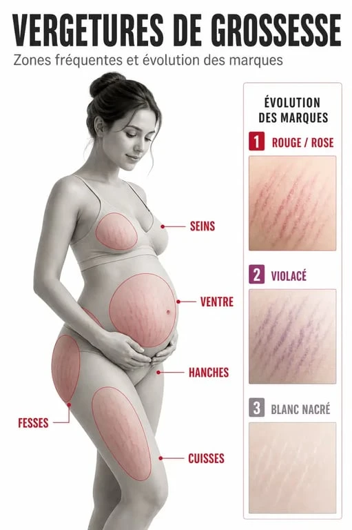 Vergeture grossesse : schéma des zones à risque et de l’évolution rouge, violacée puis blanc nacré