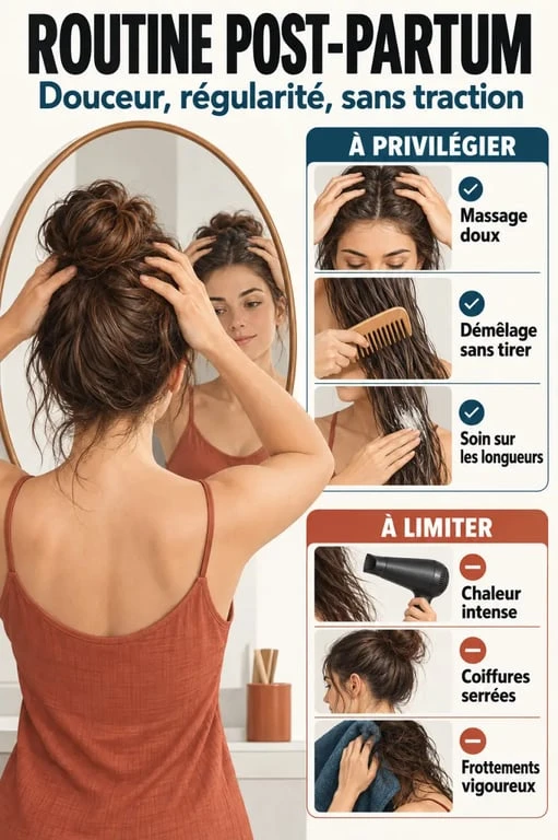 Routine douce de cure cheveux post-partum avec massage du cuir chevelu
