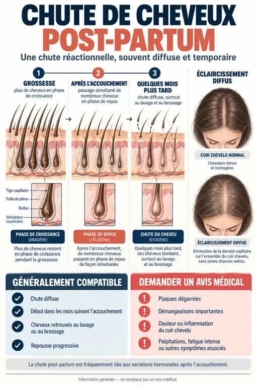 Infographie sur la cure cheveux post-partum et le mécanisme de la chute après l’accouchement