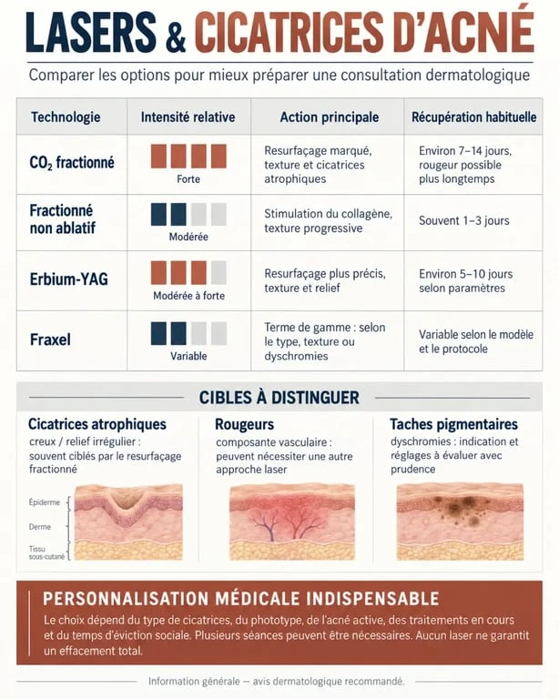 Infographie sur le laser cicatrice acné et les différences entre CO2 fractionné, laser non ablatif, Erbium-YAG et Fraxel
