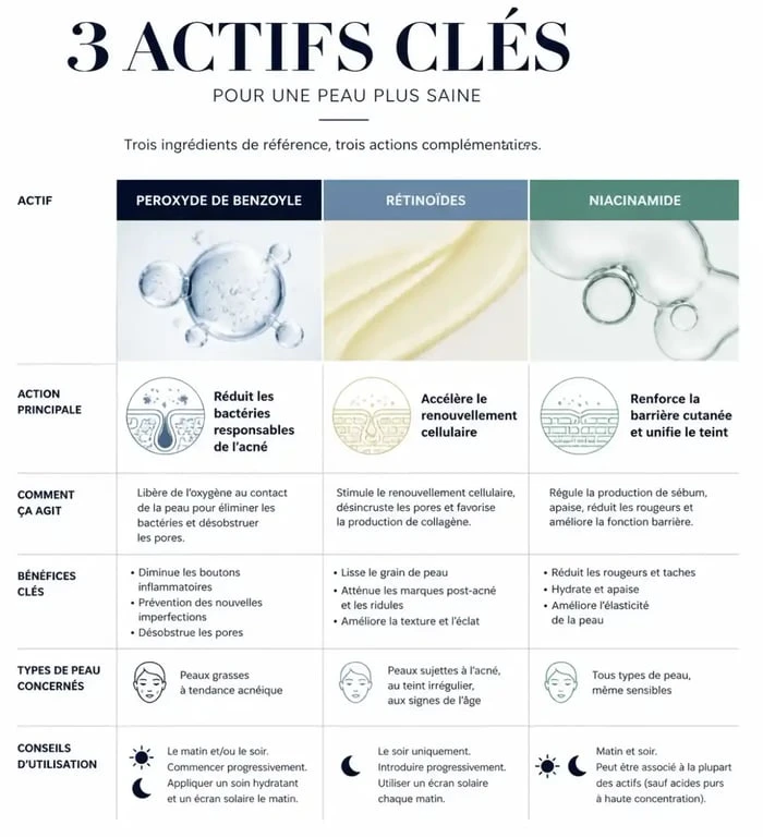 Comparatif des actifs pour produit acné : peroxyde de benzoyle, rétinoïdes et niacinamide