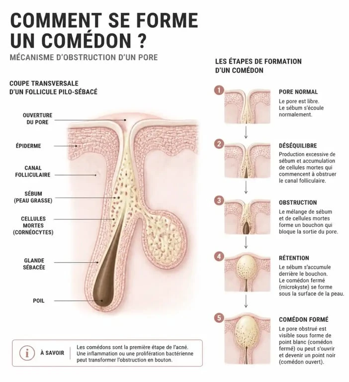 Schéma explicatif du mécanisme de formation d'un comédon, idéal pour choisir son produit acné