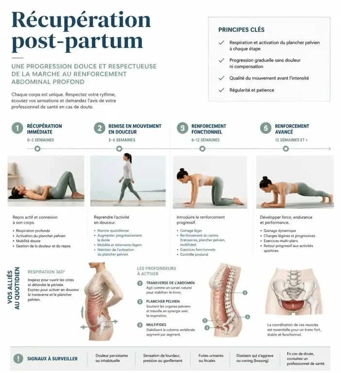 Infographie sur les étapes de reprise du gainage post-partum et renforcement abdominal