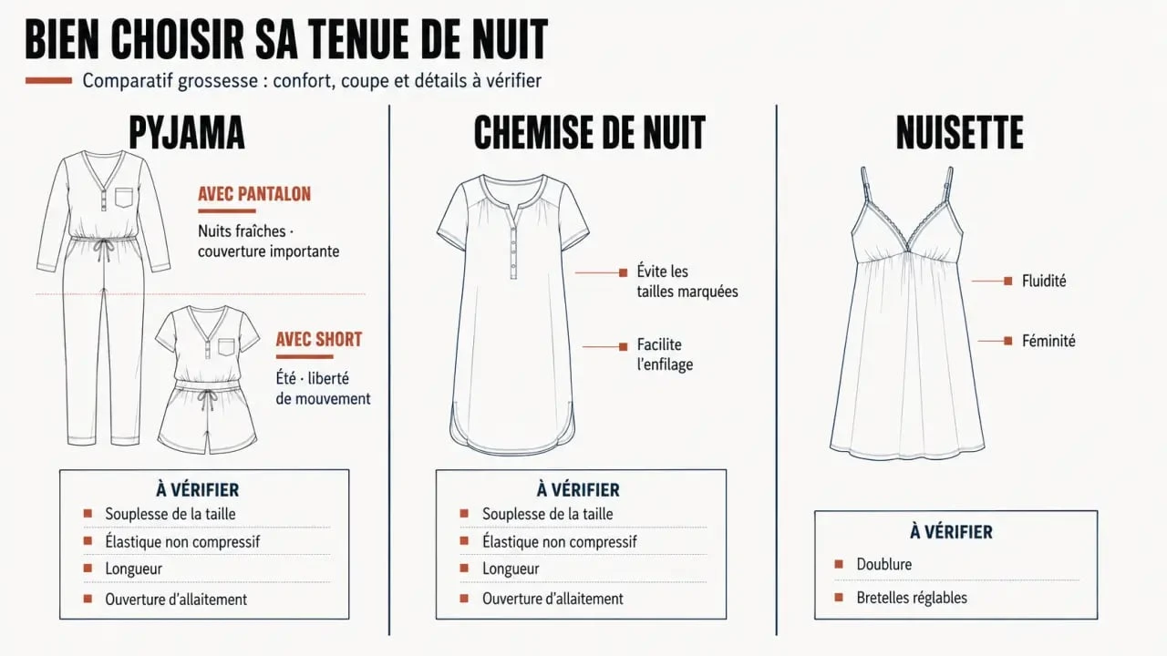 Infographie comparative des formats de pyjama grossesse, chemise de nuit et nuisette