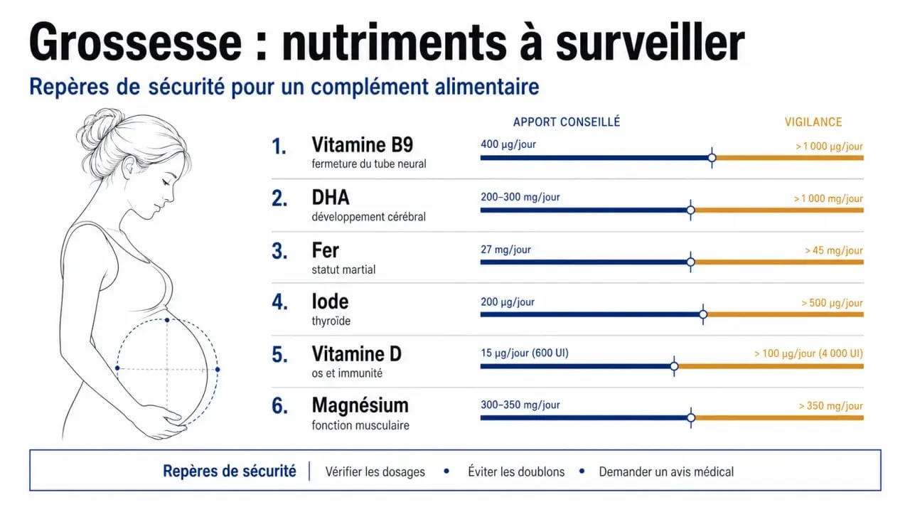 Complément alimentaire grossesse : visualisation des nutriments clés et des précautions à connaître pendant la grossesse