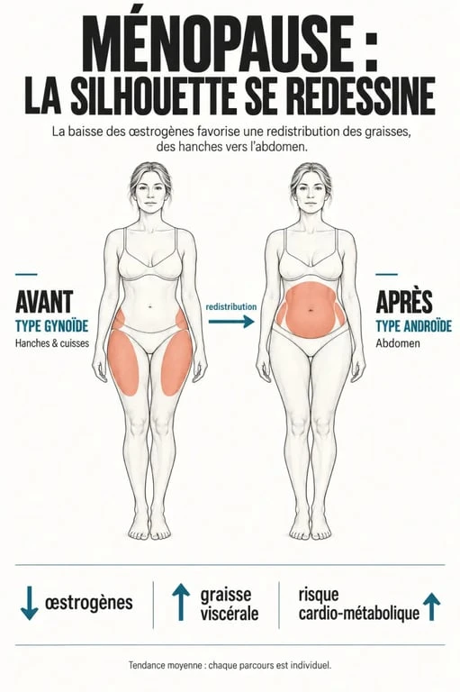 Infographie régime ménopause : redistribution des graisses gynoïde vers androïde