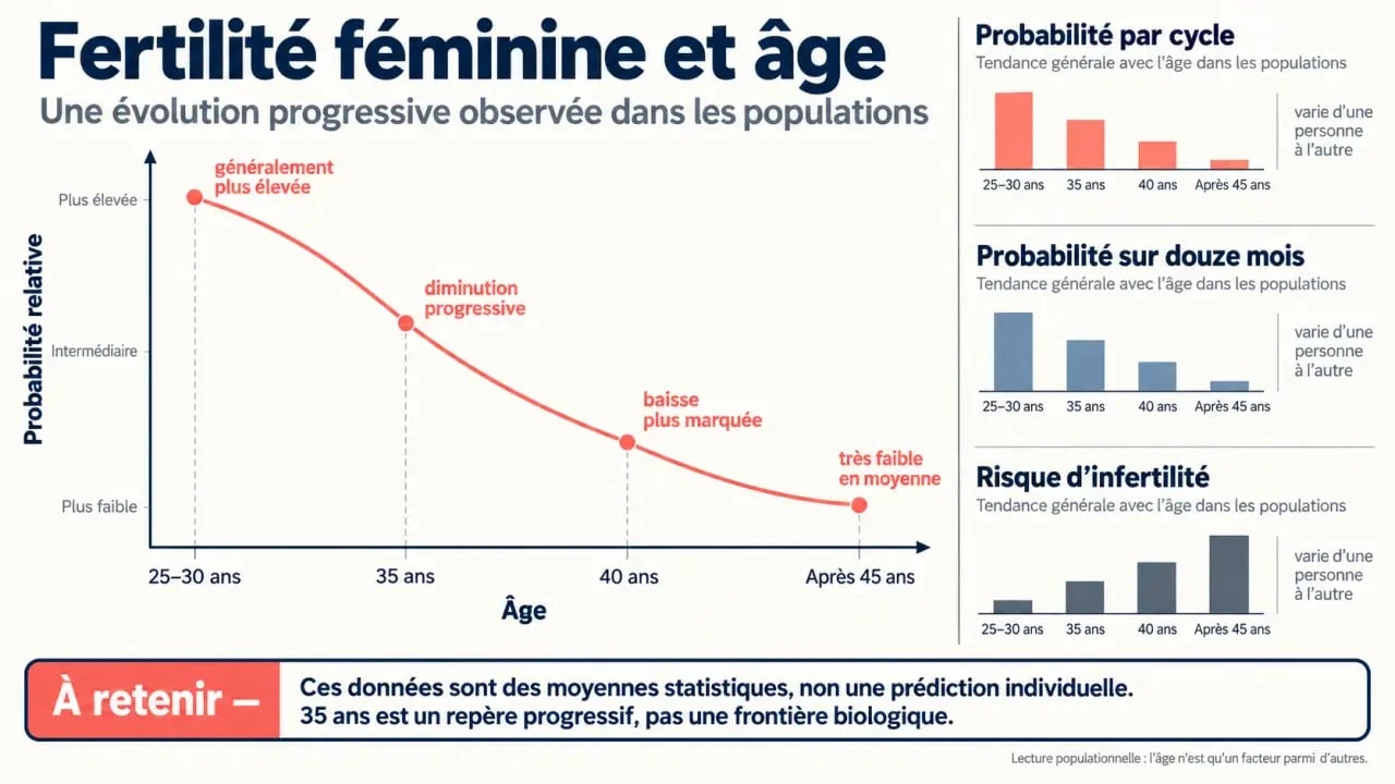 Infographie de la courbe fertilité femme âge avec repères statistiques de 25 à 45 ans