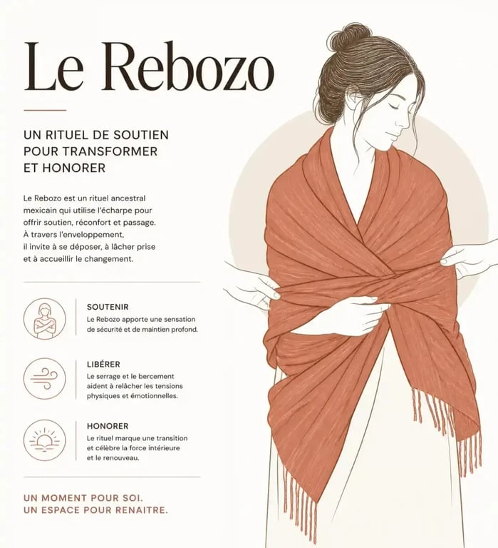 Illustration du rituel Rebozo pour le soin post partum et le bien-être émotionnel