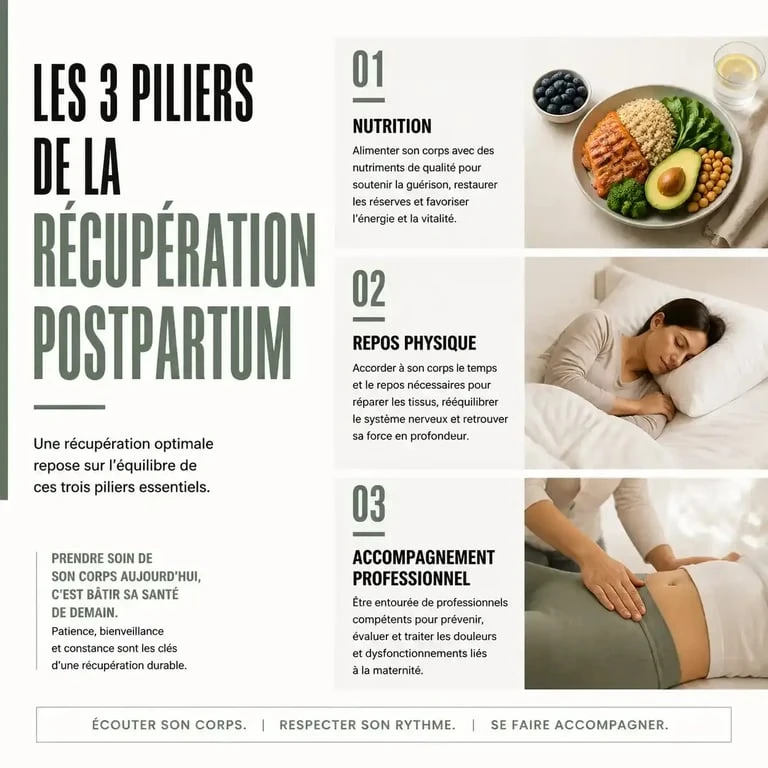 Infographie sur les piliers du soin post partum pour une récupération optimale