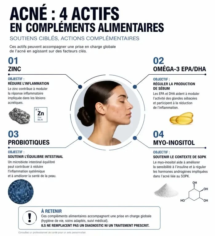 Complément alimentaire acné : graphique des actifs zinc, oméga-3, probiotiques et myo-inositol