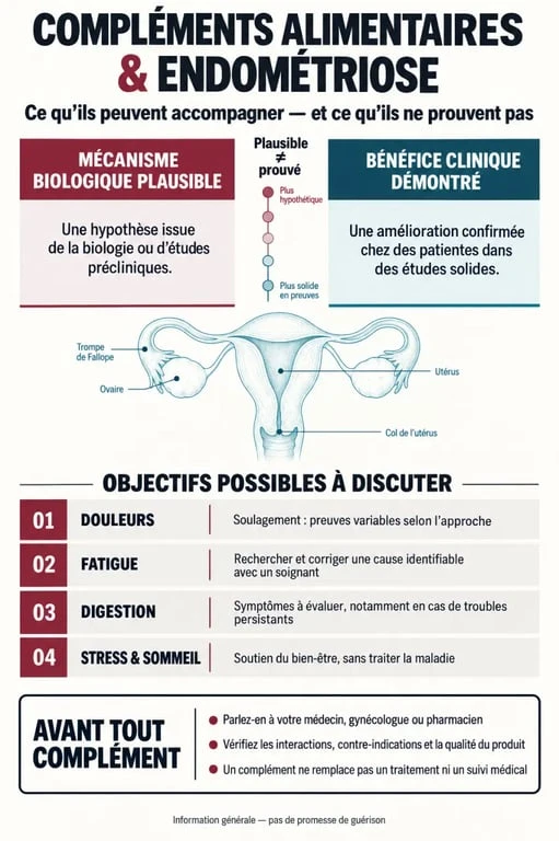 Infographie sur le complément alimentaire et l’endométriose selon les symptômes et les précautions