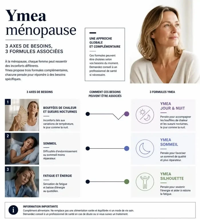 Infographie Ymea ménopause reliant les symptômes courants aux formules Jour et Nuit, Total et Silhouette